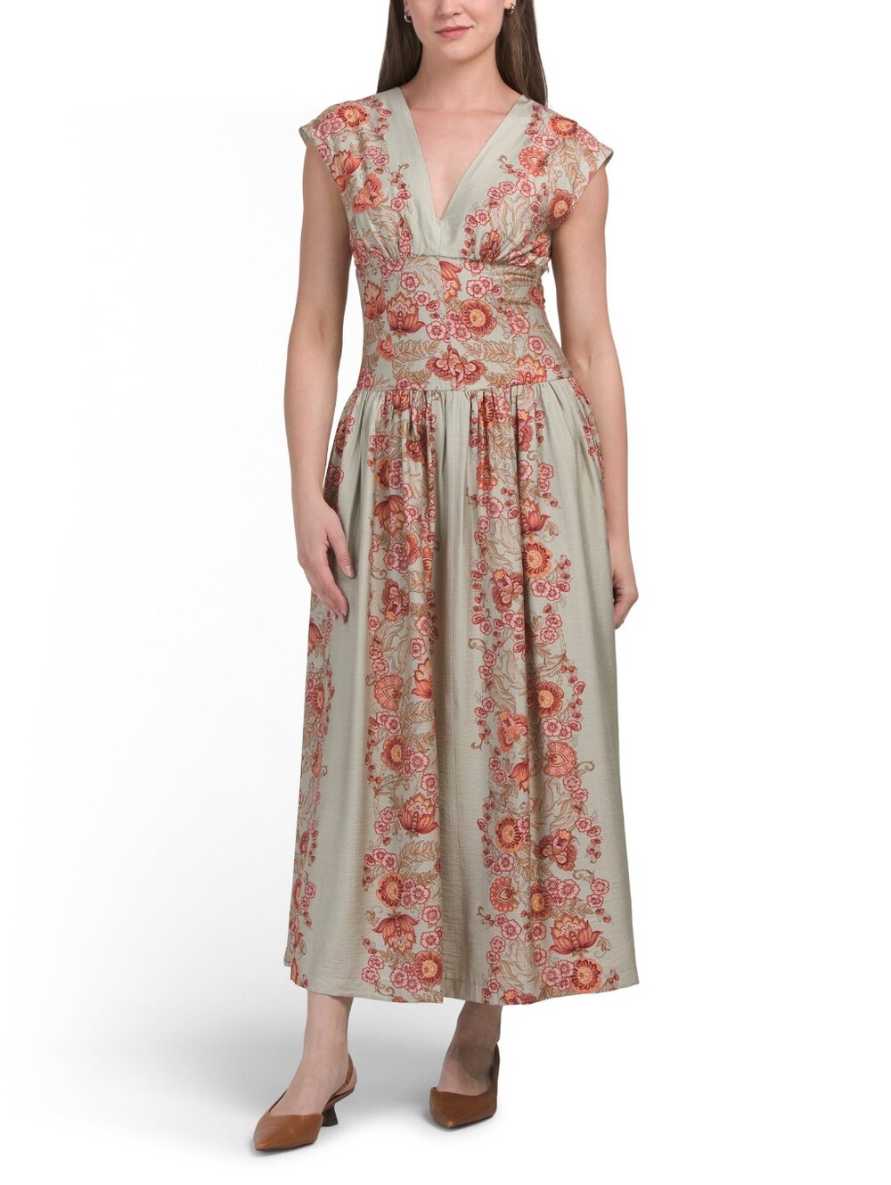 Taylor Floral V-Neck Cap Sleeve Maxi Dress - Sage with Coral Floral NWT